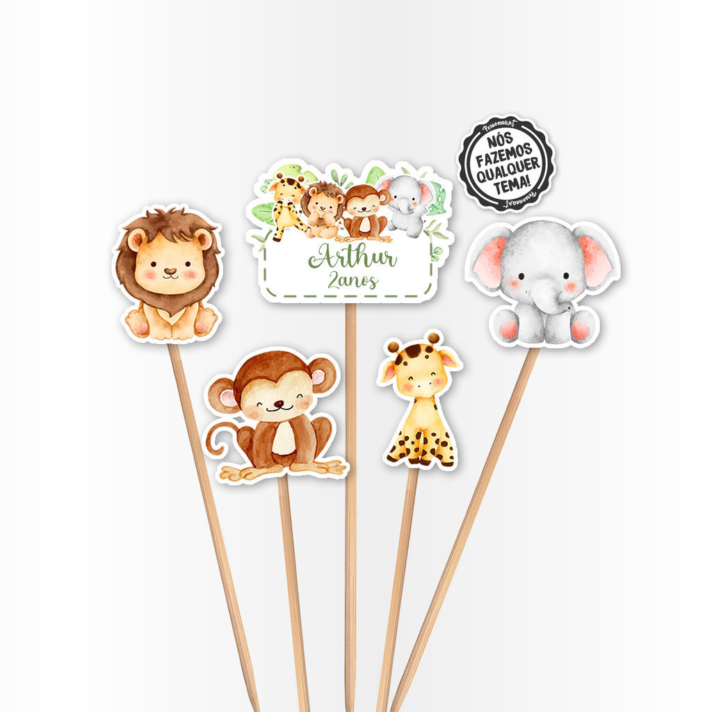 Topo de Bolo Aplique Tag Topper Topo Kit Festa Infantil Personalizado Lembrancinha Impressão laser Safari Aquarela