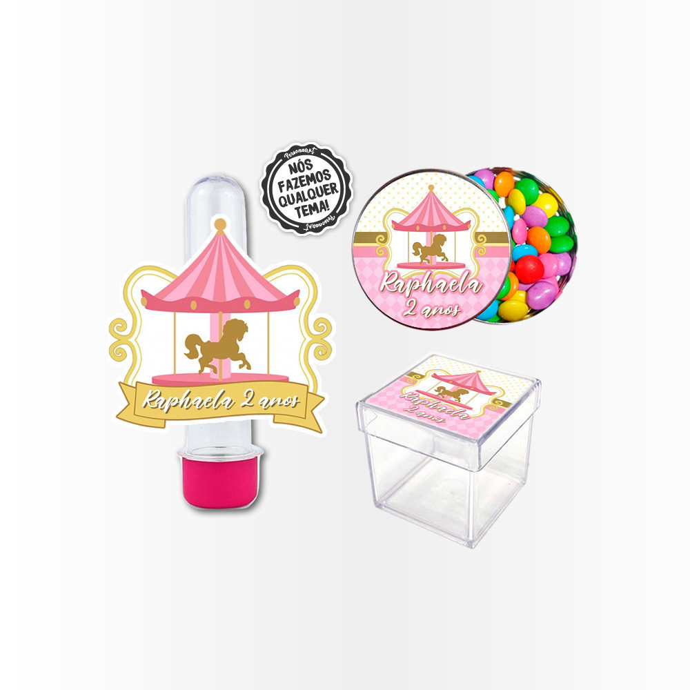 Kit Festa 60 Rótulos Adesivos e apliques Aplique Caixinha Carrossel Encantado