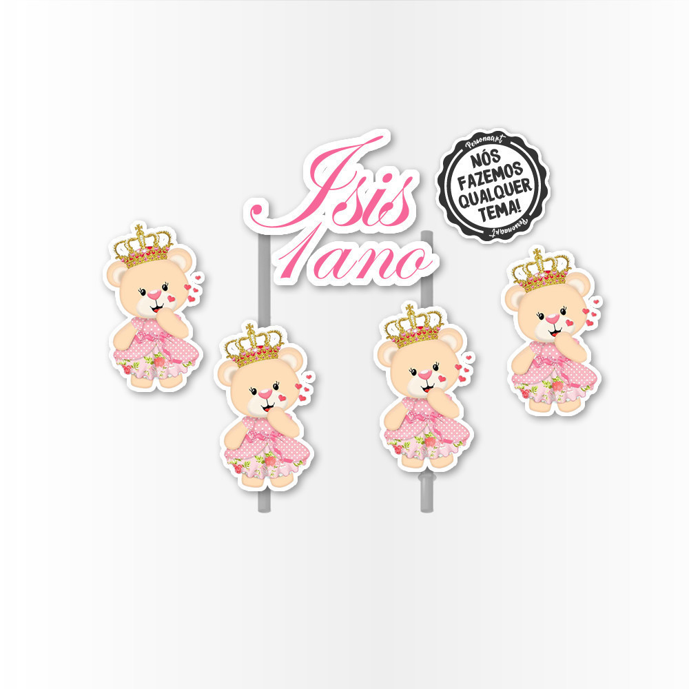 Topo de Bolo Aplique Tag Topper Topo Kit Festa Infantil Personalizado Lembrancinha Impressão laser Ursinha Princesa Rosa