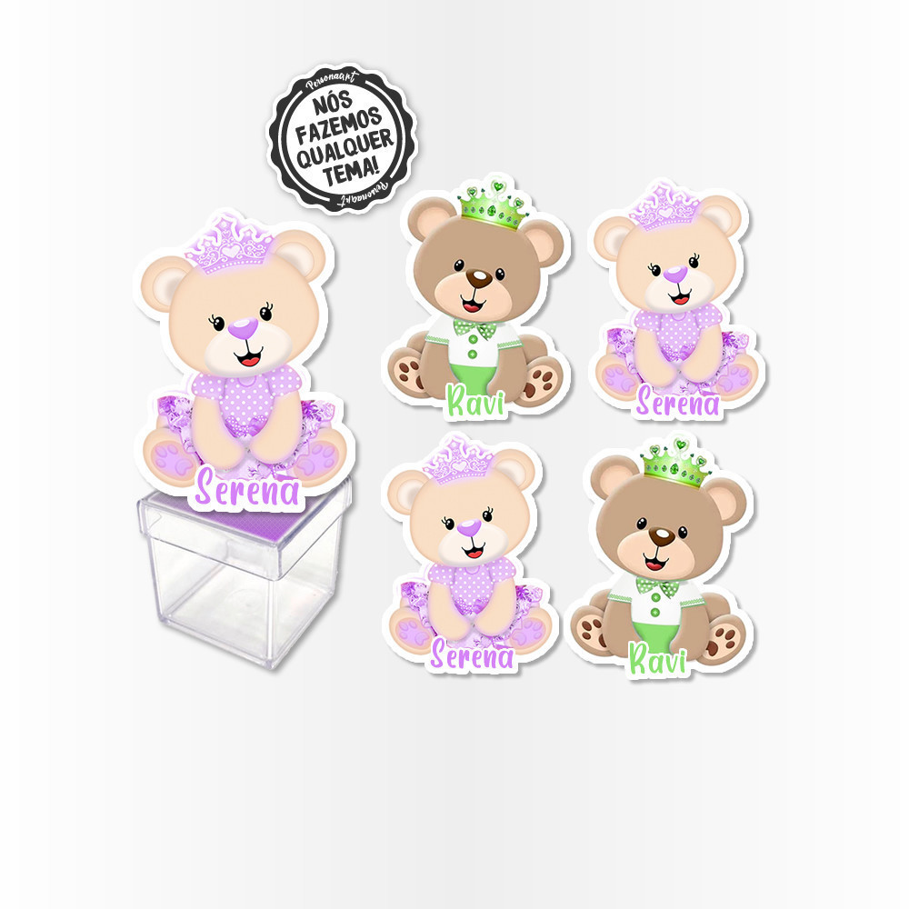 12 Apliques 3d para Caixa Acrilica 5cm Aplique Lembrancinha Ursinho Revelacao Verde e lilas
