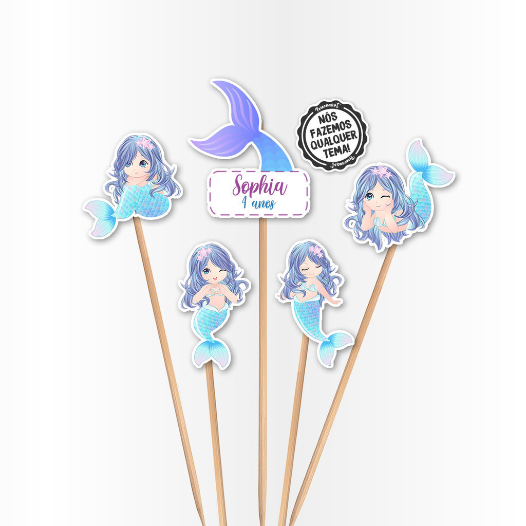 Topo de Bolo Aplique Tag Topper Topo Kit Festa Infantil Personalizado Lembrancinha Impressão laser Sereia Aquarela