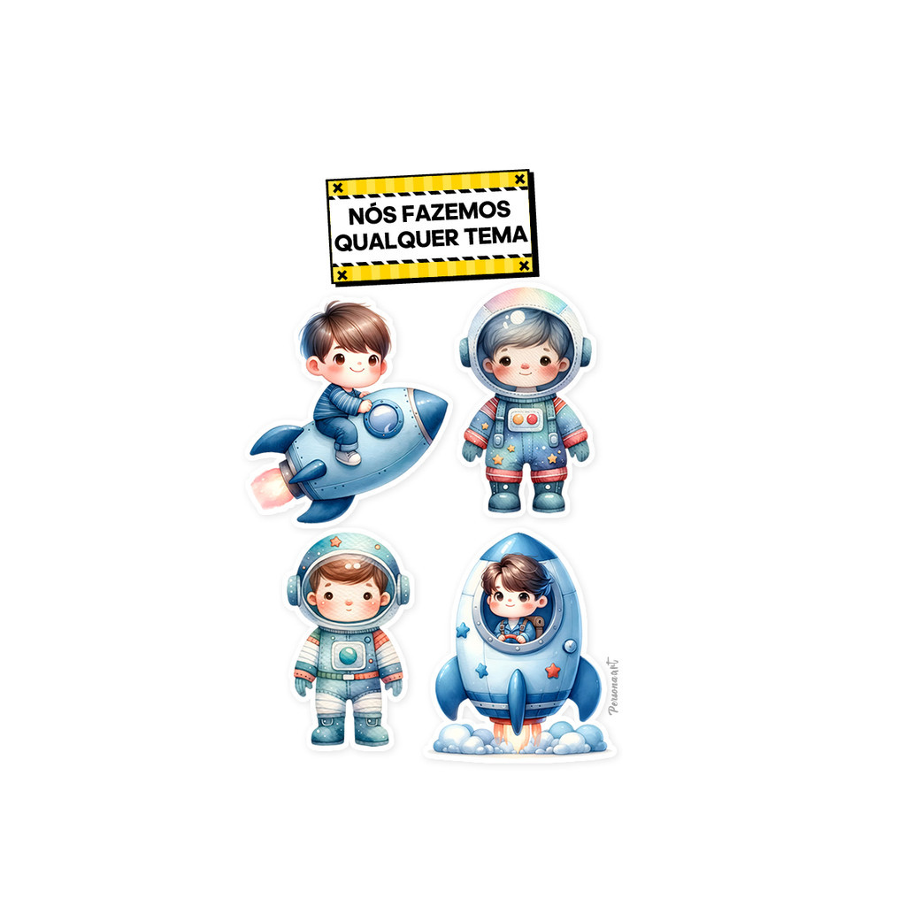 15 Apliques topper 8cm caixas, tubetes Aplique Tag Topper Personalizado Astronauta 3D Aquarela