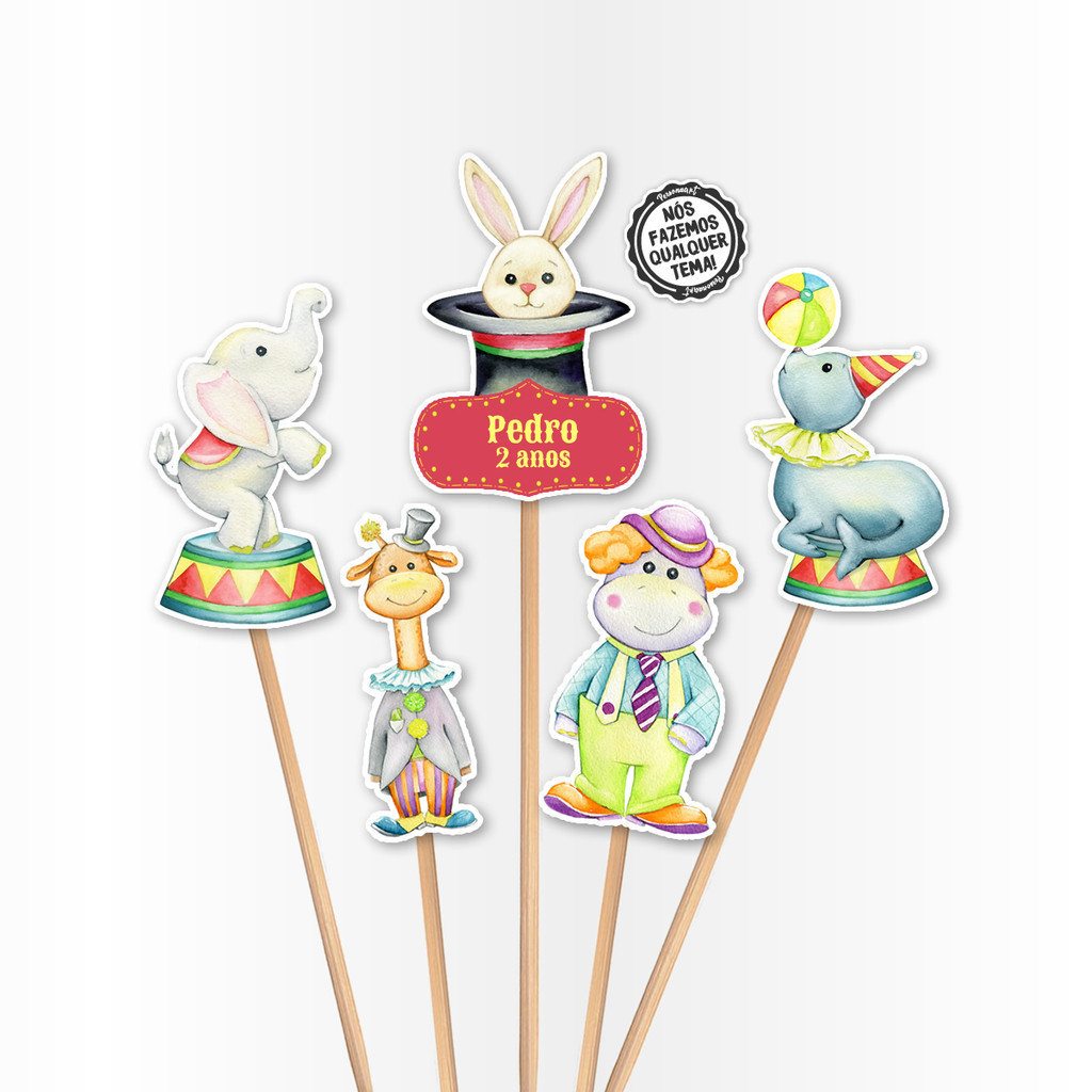 Topo de Bolo Aplique Tag Topper Topo Kit Festa Infantil Personalizado Lembrancinha Impressão laser Circo Aquarela