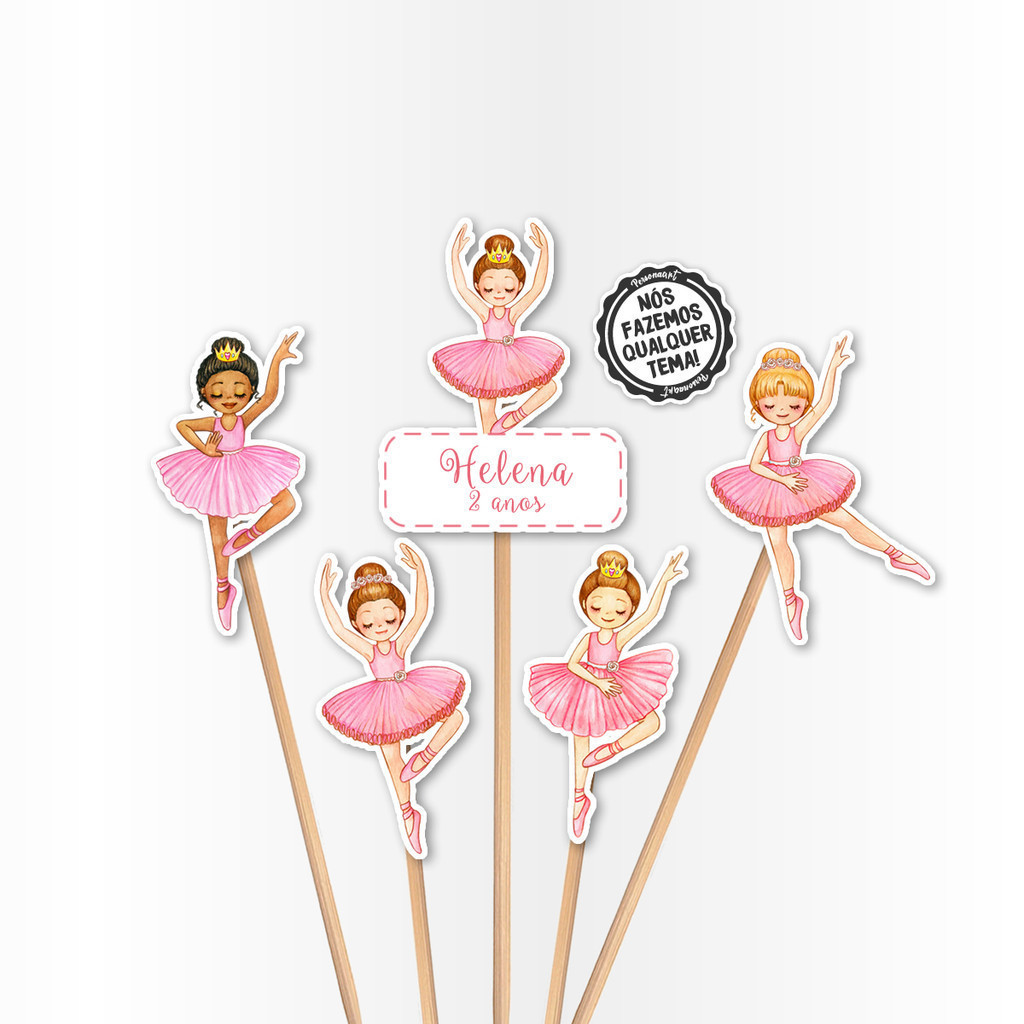 Topo de Bolo Aplique Tag Topper Topo Kit Festa Infantil Personalizado Lembrancinha Impressão laser Bailarina Aquarela