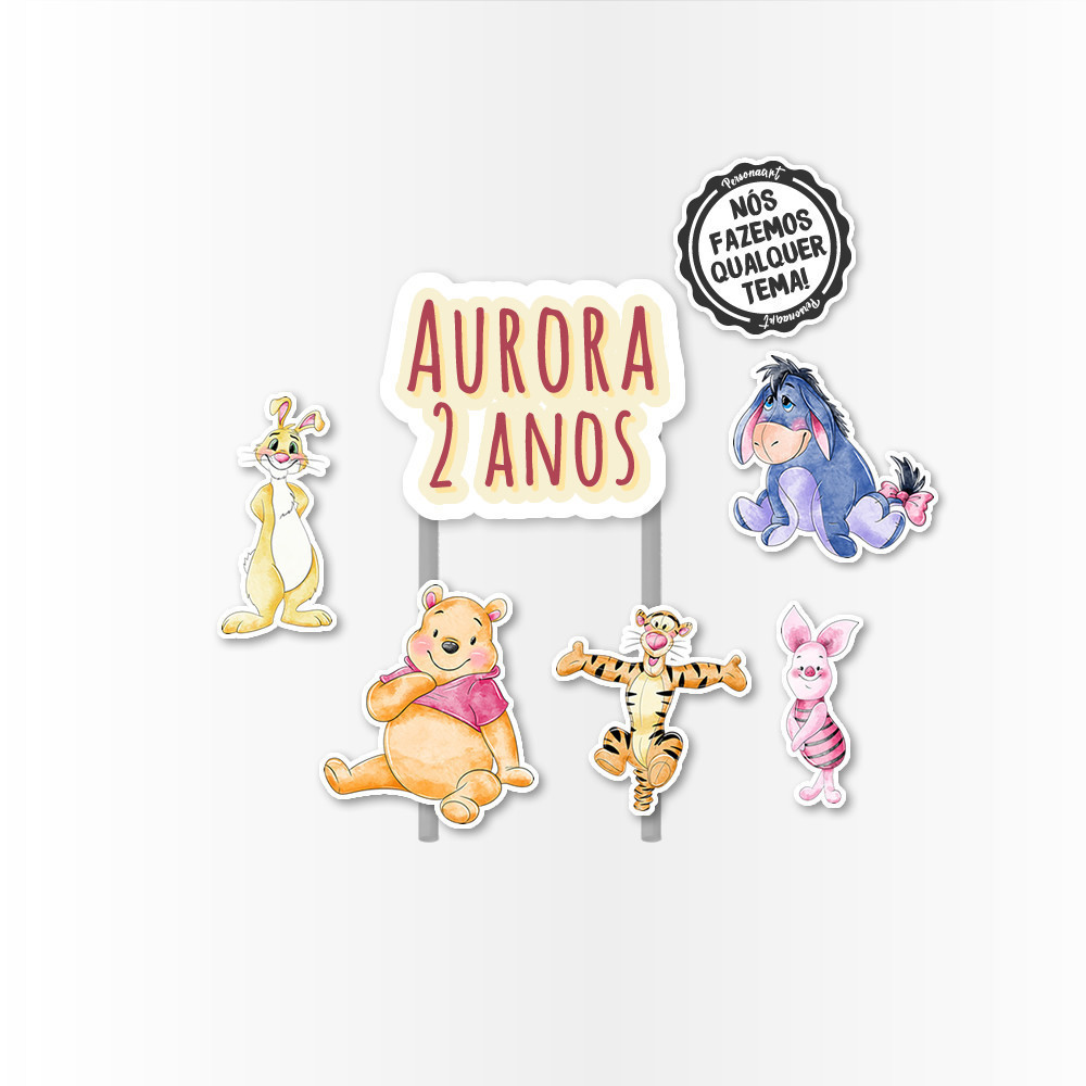 Topo de Bolo Aplique Tag Topper Topo Kit Festa Infantil Personalizado Lembrancinha Impressão laser Ursinho Pooh Aquarela