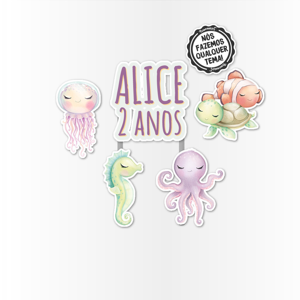 Topo de Bolo Aplique Tag Topper Topo Kit Festa Infantil Personalizado Lembrancinha Impressão laser Fundo do Mar Aquarela