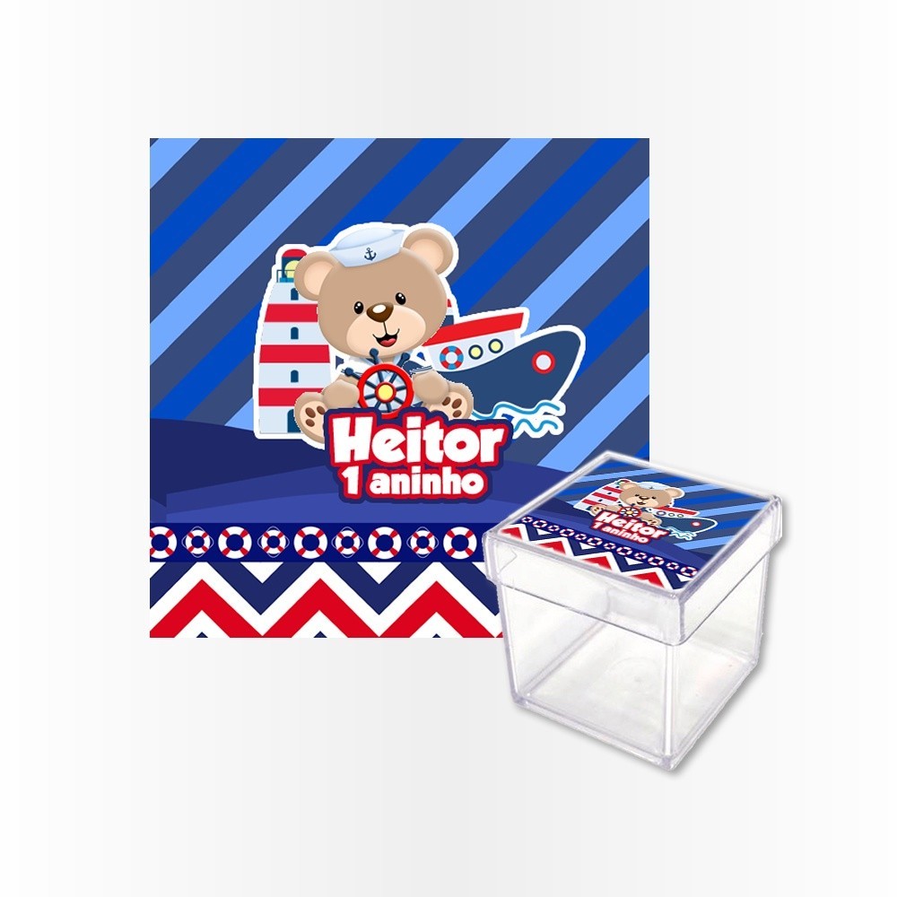 15 Adesivo Caixa Acrílica 5x5 Personalizado Cha bebe Ursinho Marinheiro