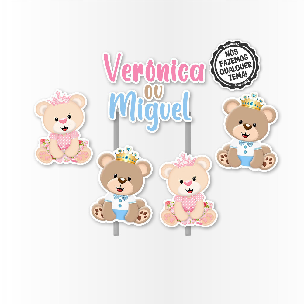 Topo de Bolo Aplique Tag Topper Topo Kit Festa Infantil Personalizado Lembrancinha Ursinho Revelação