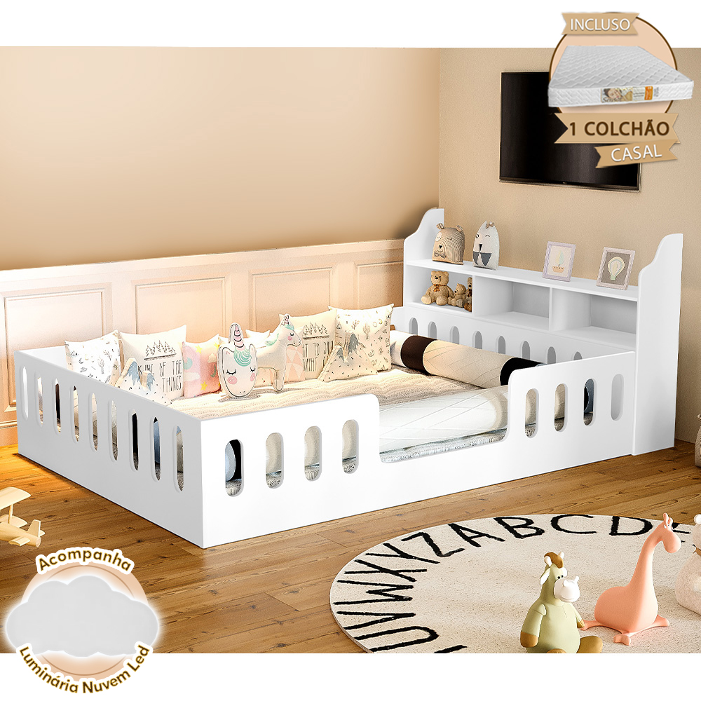Cama Casal Design Montessoriana Helo Com Nicho +Kit D28 Branca Divaloto + Luminária em Oferta na Shopee
