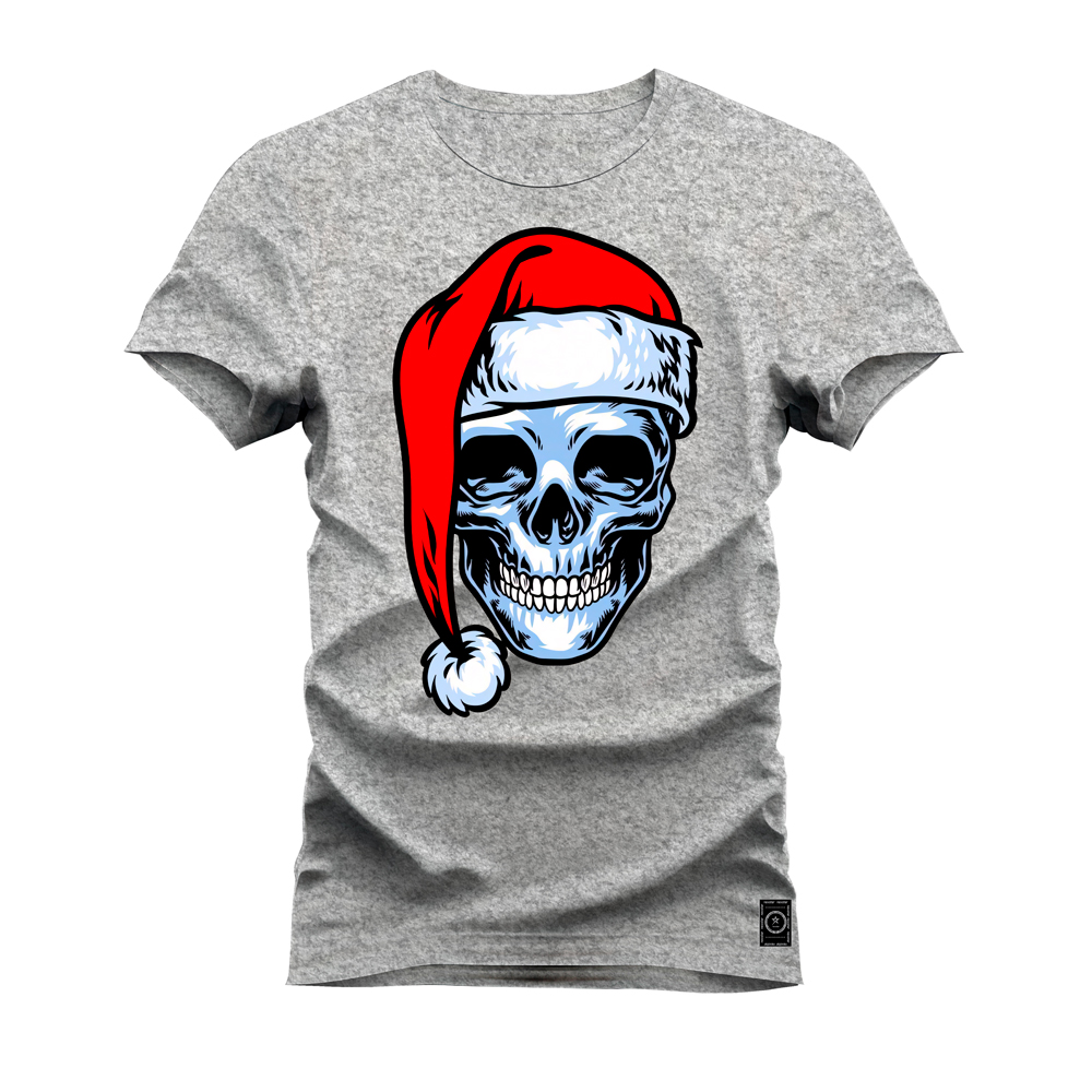 Camiseta Estampada Unissex Macia Confortável Premium Caveirinha Natalina