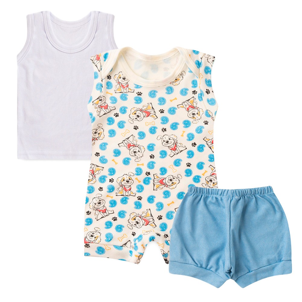 Kit Bebê (3 Peças) Banho de Sol Creme Doguinho, Camiseta e Tapa Fralda Azul (P/M/G)