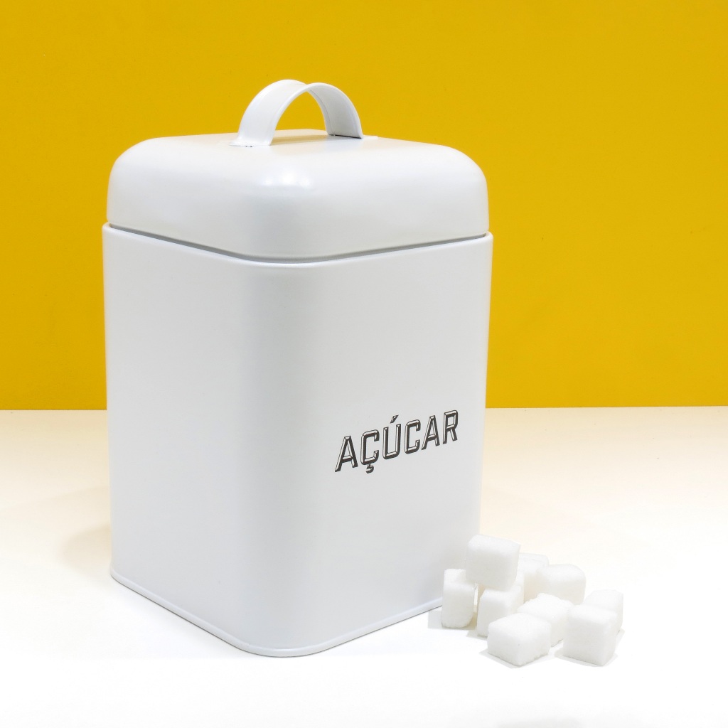Lata de Açúcar 700g Branca Quadrada Pote Organizador Porta Açucar