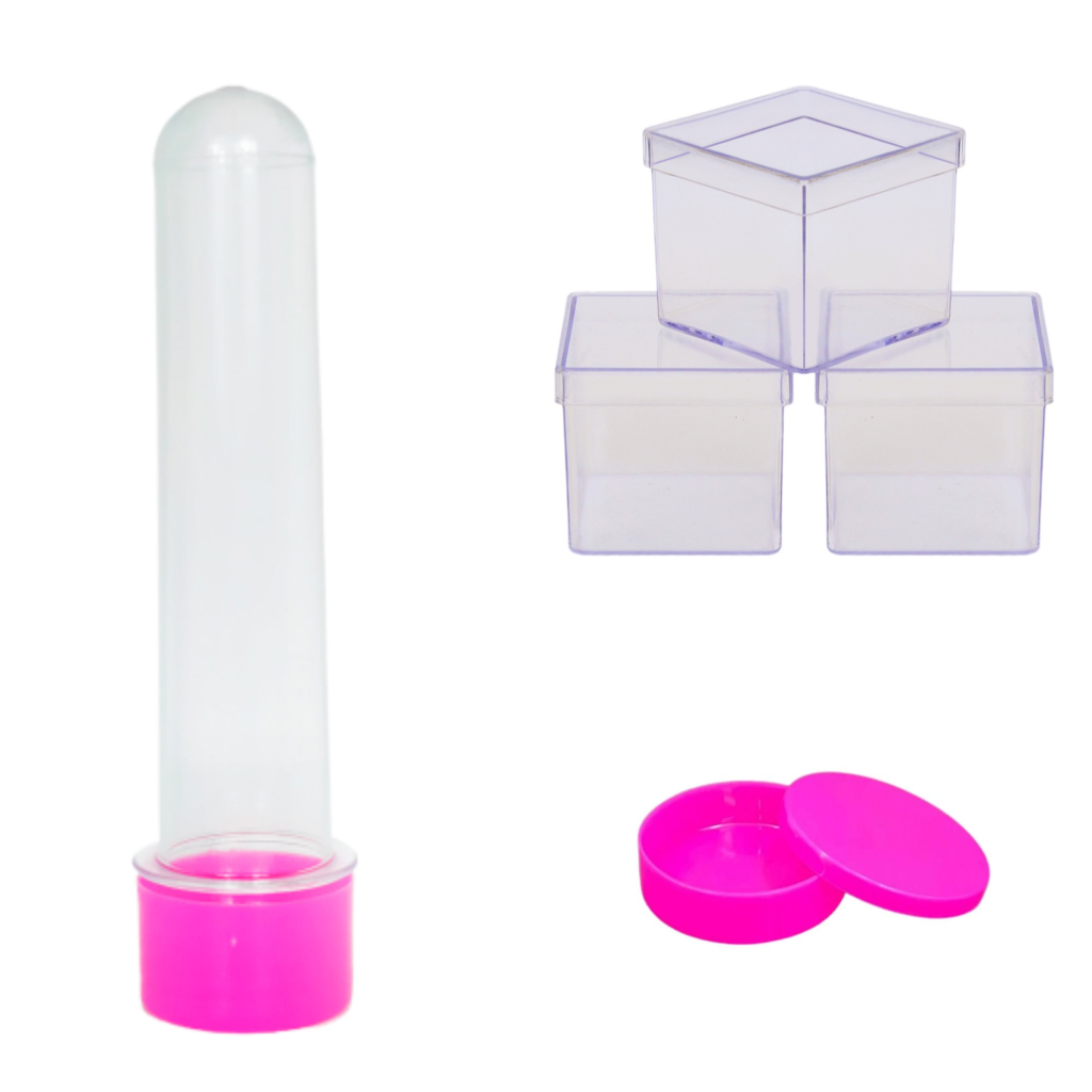 Kit festa simples -60 Caixinhas 5X5 60 Latinhas 5x1 60 Tubetes 13 cm c/ tampa Lembrancinhas de festa