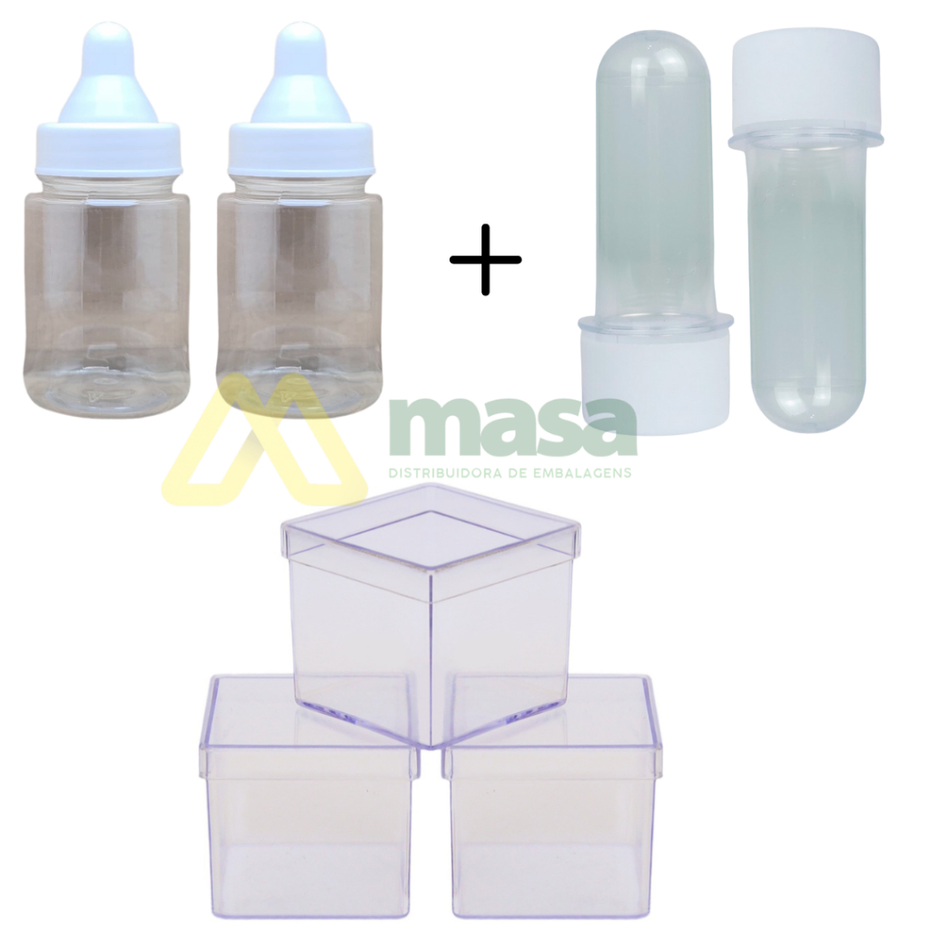 Kit C/ 30 Itens - 10 Mini Tubete 10 Mini Mamadeira 10 Caixinha 5x5 Chá de Bebe e Chá Revelação festa