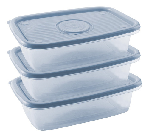 Conjunto 3 Potes Plástico Pop Retangular 1,2 L P Alimentos Jogo Potinho Marmita Fitness Cor Azul Clean