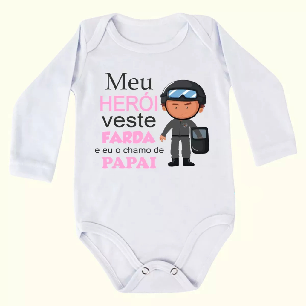 Body Bebê Manga Longa Meu Herói Veste Farda Papai F1415