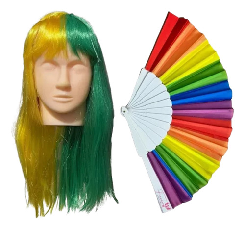 Kit Leque Arco Iris Tecido E Peruca Brasil Lgbt Colorido