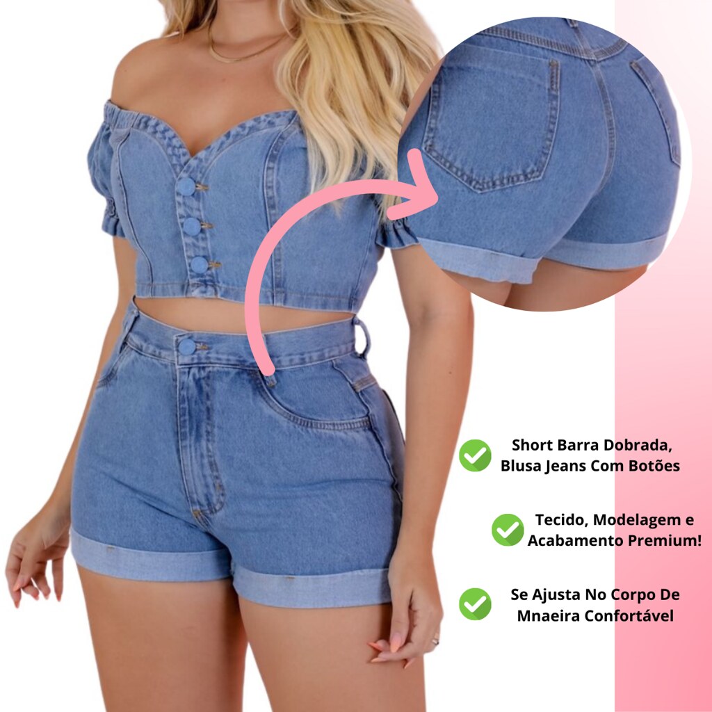 Conjunto Jeans Feminino Luxo Short + Cropped Lavagem Clara Conjunto Feminino Verão Conjunto Femenino