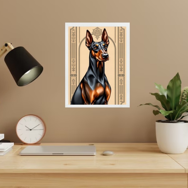 Quadro Decorativo Dobermann - Art Nouveau - Moldura Branca