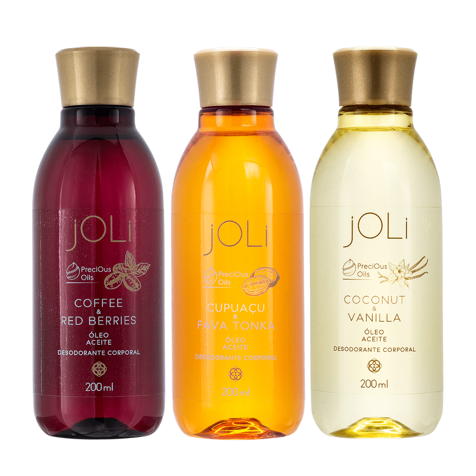 3 POTES DE JOLI ÓLEO DESODORANTE CORPORAL CUPUAÇU E FAVA TONKA, VANILLA E COCO, CAFÉ E FRUTAS VERMELHAS, AMBOS 200ML