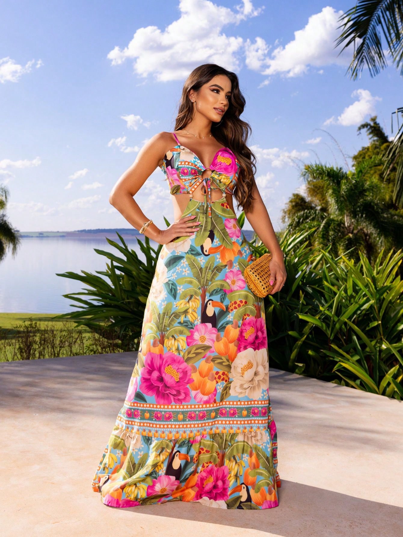 Vestido Feminino Soltinho Estampa Tropical Tendência Primavera/Verão - Praia Piscina Resort