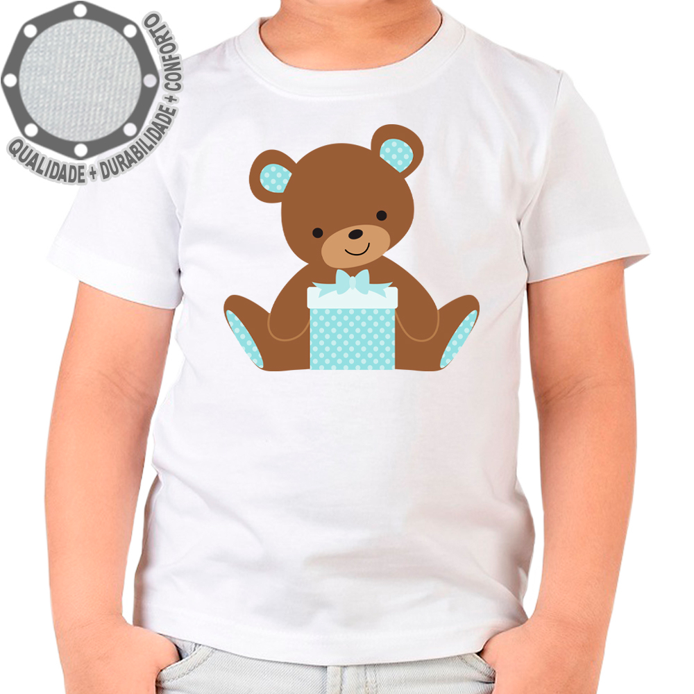 Camiseta Ursinho Presente Caixa Azul Camisa Personalizada Infantil Juvenil Adulto Baby Look Plus Size