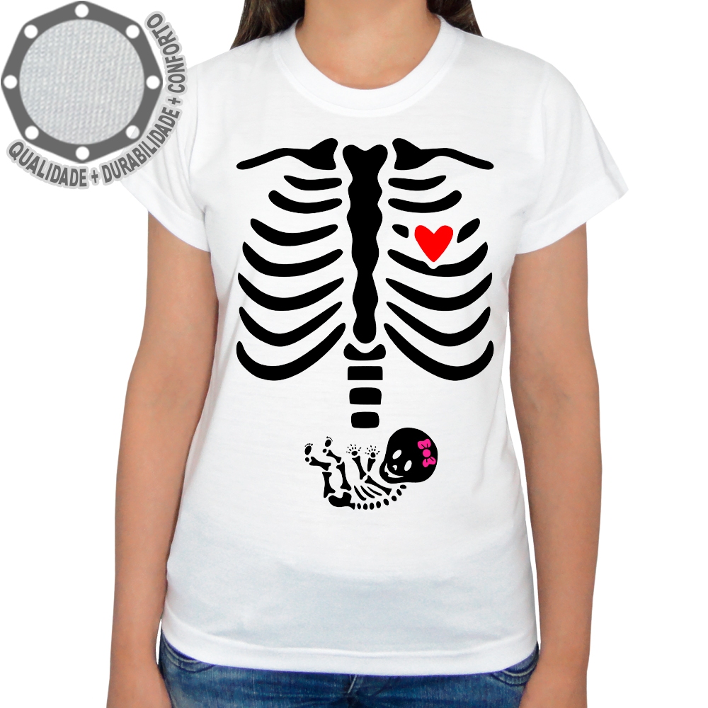 Camiseta Esqueleto Raio x Gestante Grávida Menina Camisa Personalizada Infantil Juvenil Adulto Baby Look Plus Size
