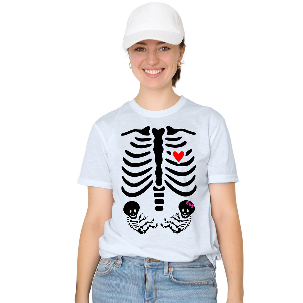 Camiseta Esqueleto Grávida Gêmeos Menino Menina Camisa Personalizada Blusa Adulto