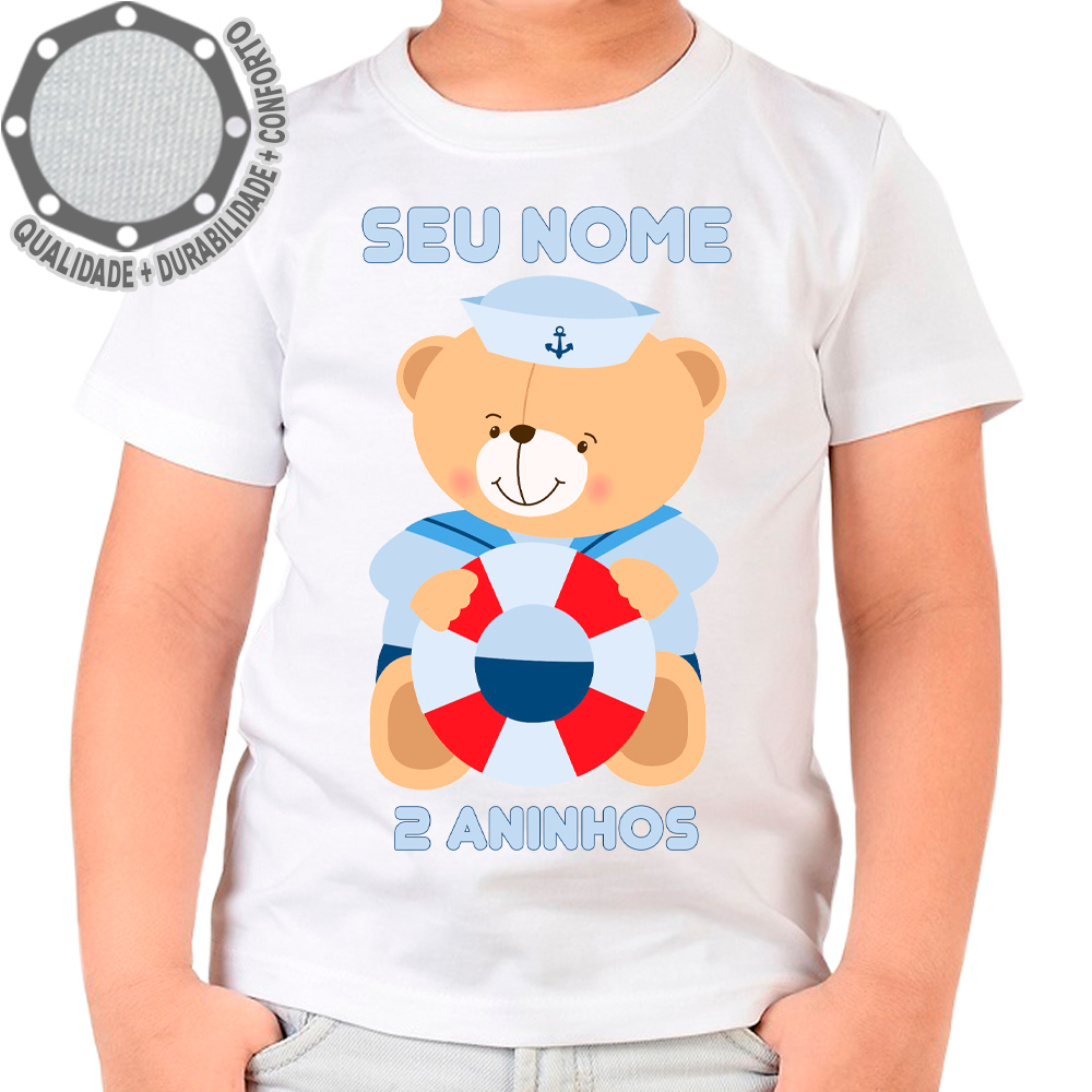 Camiseta Ursinho Marinheiro Boia Camisa Personalizada Aniversario Festa Evento Infantil Adulto