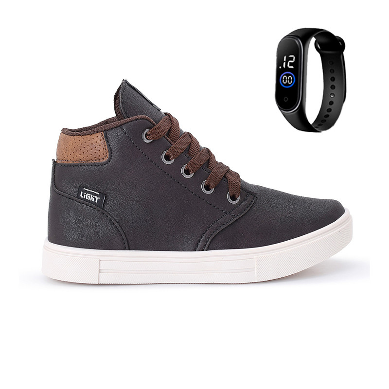 Tenis Botinha Infantil Meninos Casual Cano Alto Confortavel + Relogio