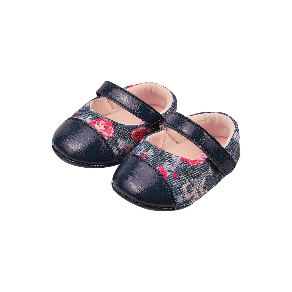 Sapatilha Bebê Feminina Floral Azul Marinho com Verniz – Estilo Boneca Elegante com Velcro