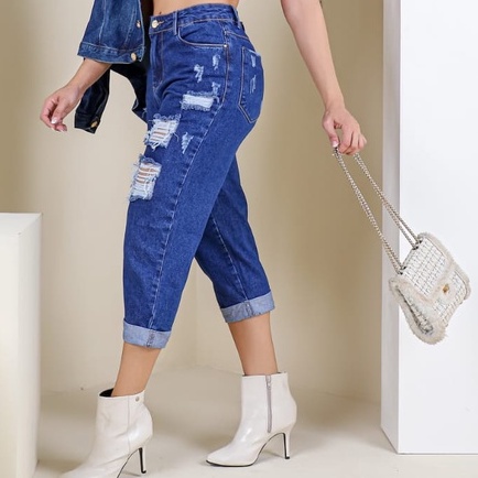 Calça Cropped Jeans 34 ao 42 Calça Mom Feminina Rasgada Destroyed