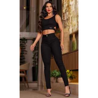Conjunto Preto Cropped e Calça P ao GG Feminino Blusa e Calça Preta