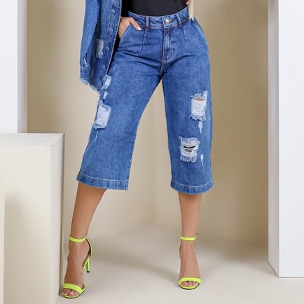 Calça Pantacurt Jeans 34 ao 46 Calça Larga Rasgada Feminina