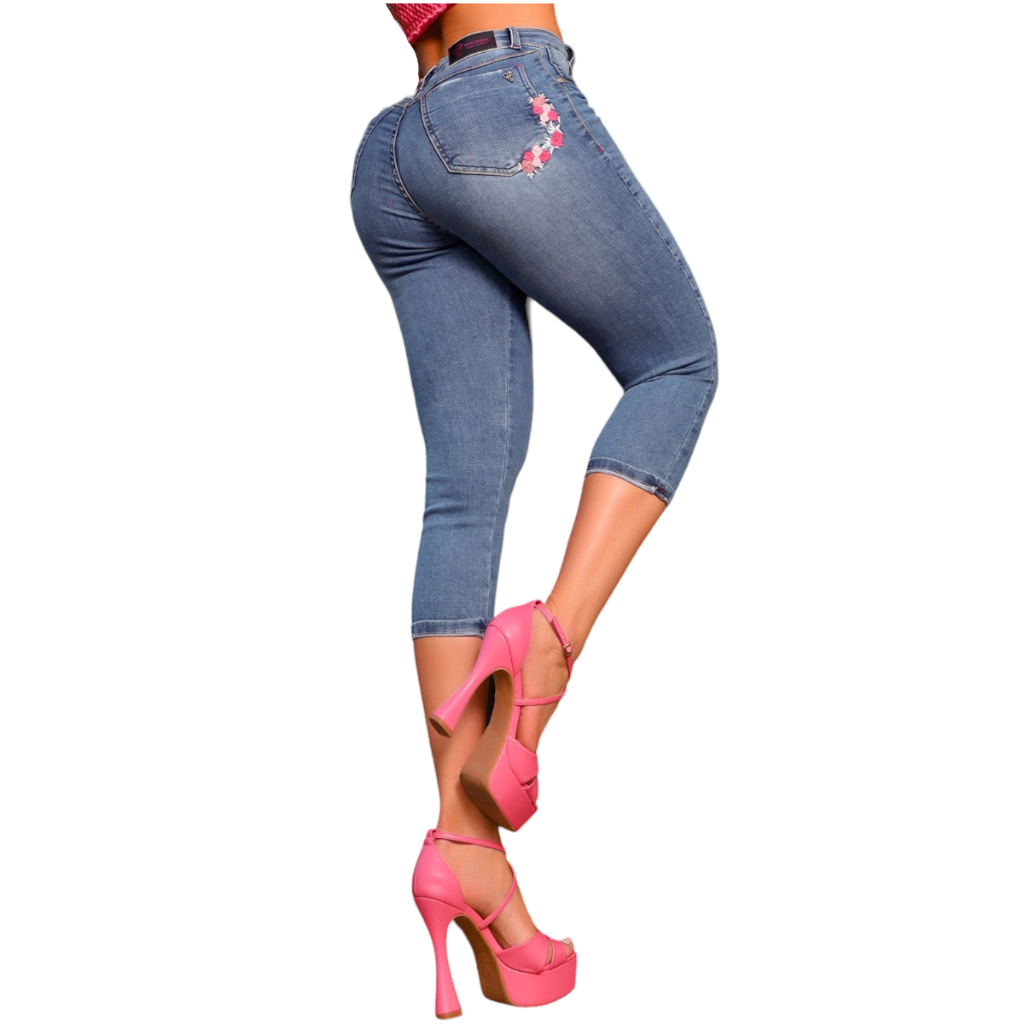 Calça Jeans Curta 36 ao 48 Feminina Bordado Floral Calça Cropped