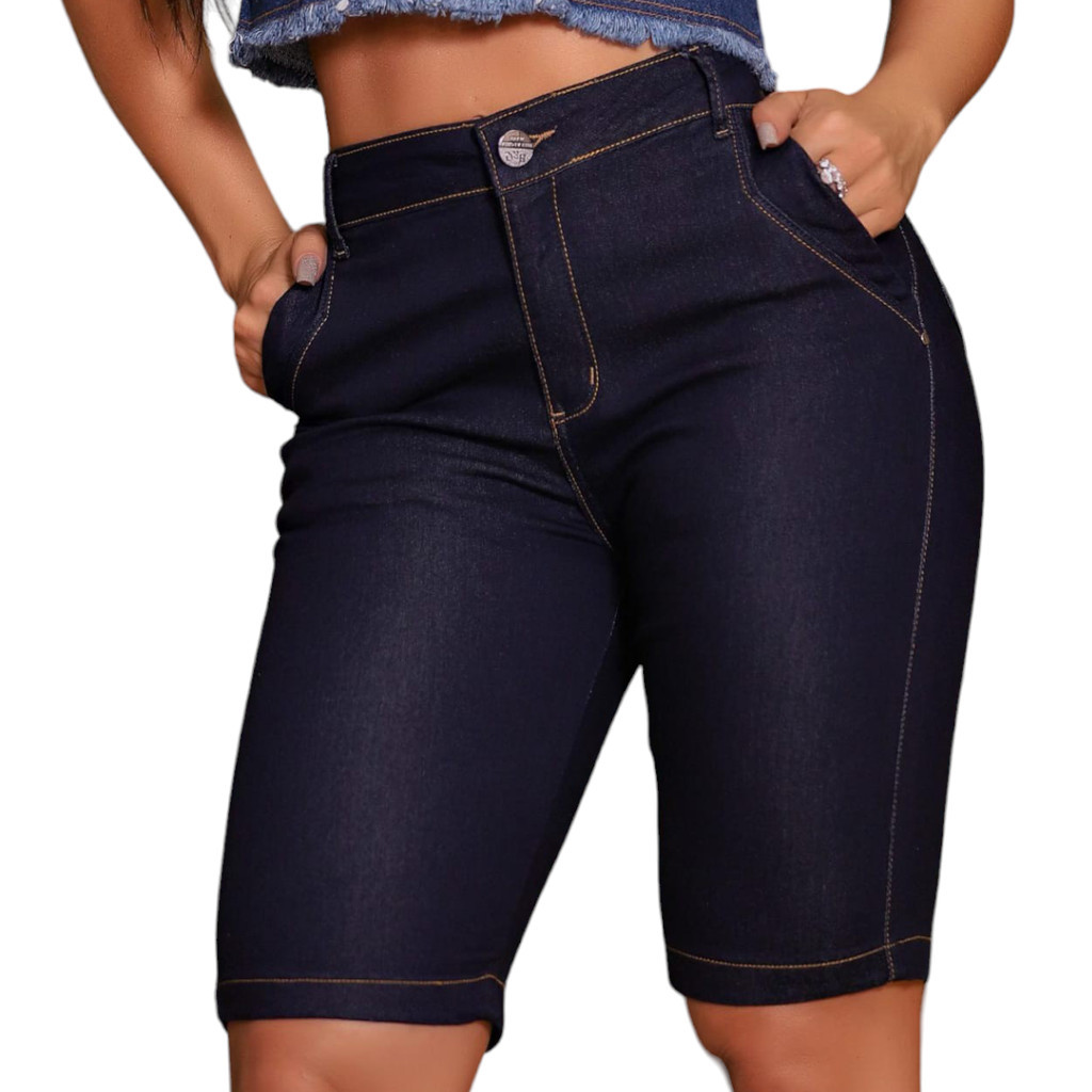 Short Jeans Escuro 38 ao 50 Bermuda Comprida no Joelho com Elastano