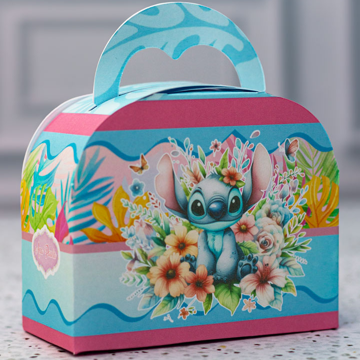 Caixa maleta bolsinha lembrancinha STITCH Flores - personalizado festa infantil - PEGUE E MONTE