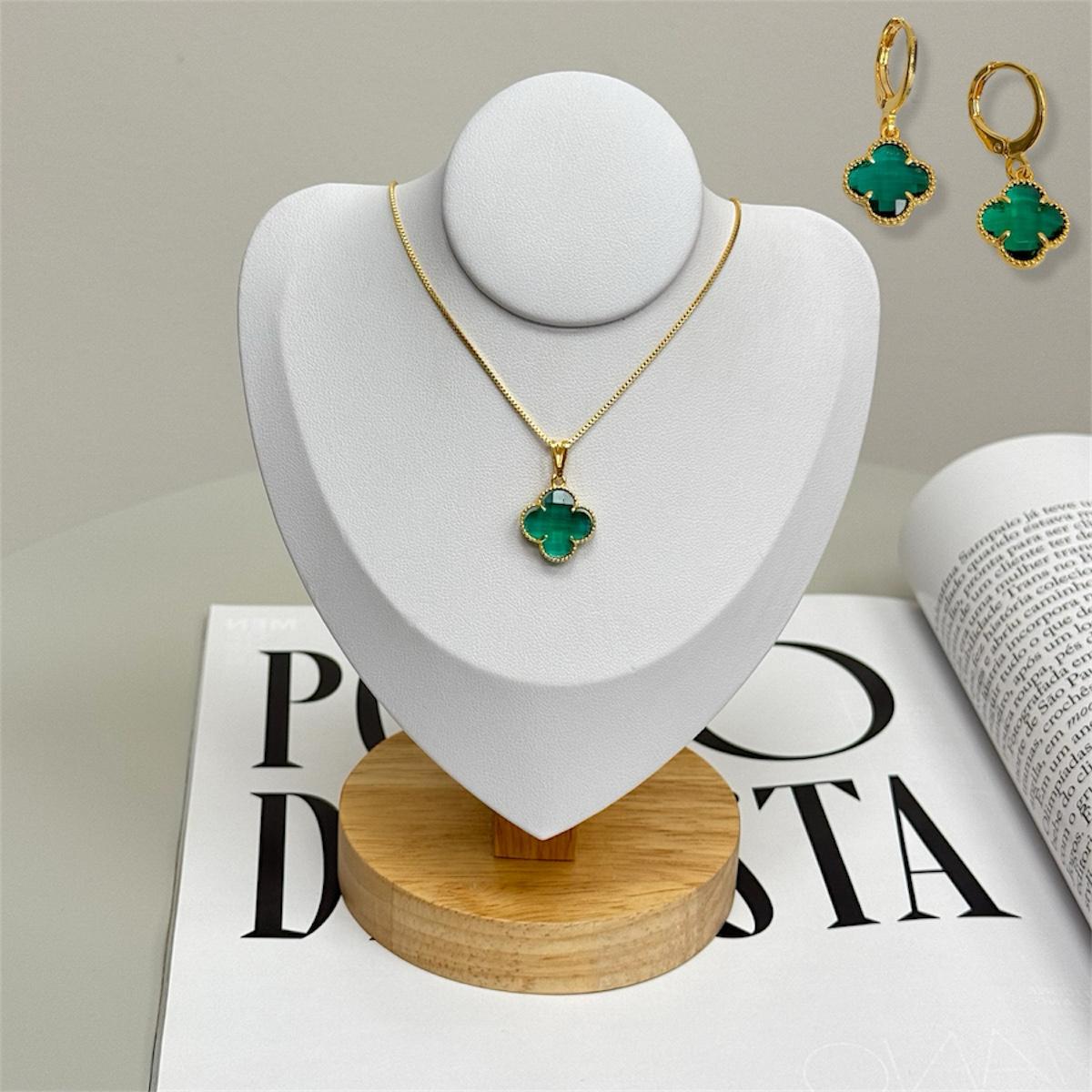 Colar e Brinco Trevo Zircônia  Esmeralda Banhado a Ouro em Oferta na Shopee