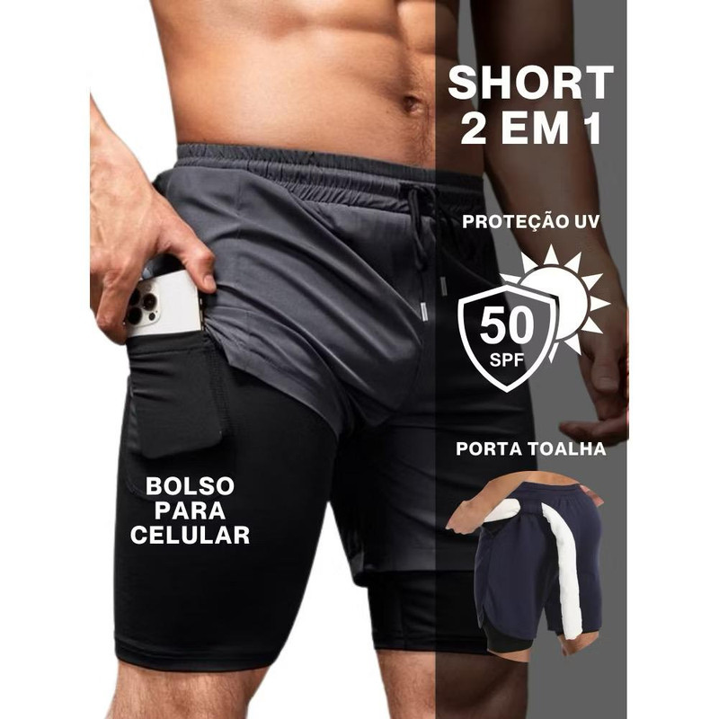 TOP bermuda e shorts 2 em 1 academia e treino sport fit dry fit com elastano com proteçao uv alta qualidade