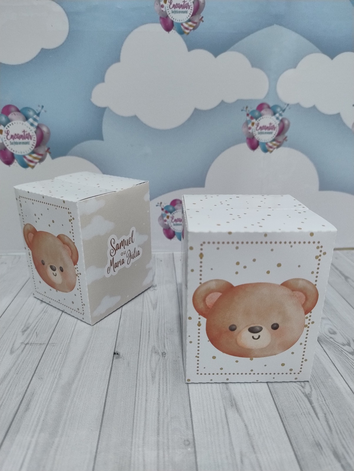Caixa Cubo Simples Personalizada | Chá Revelação Ursinho Marrom | Papelaria para festa | Lembrancinha Personalizada