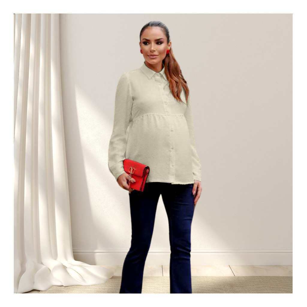 Bata Camisa Social Gestante Feminina Casual Com Botões