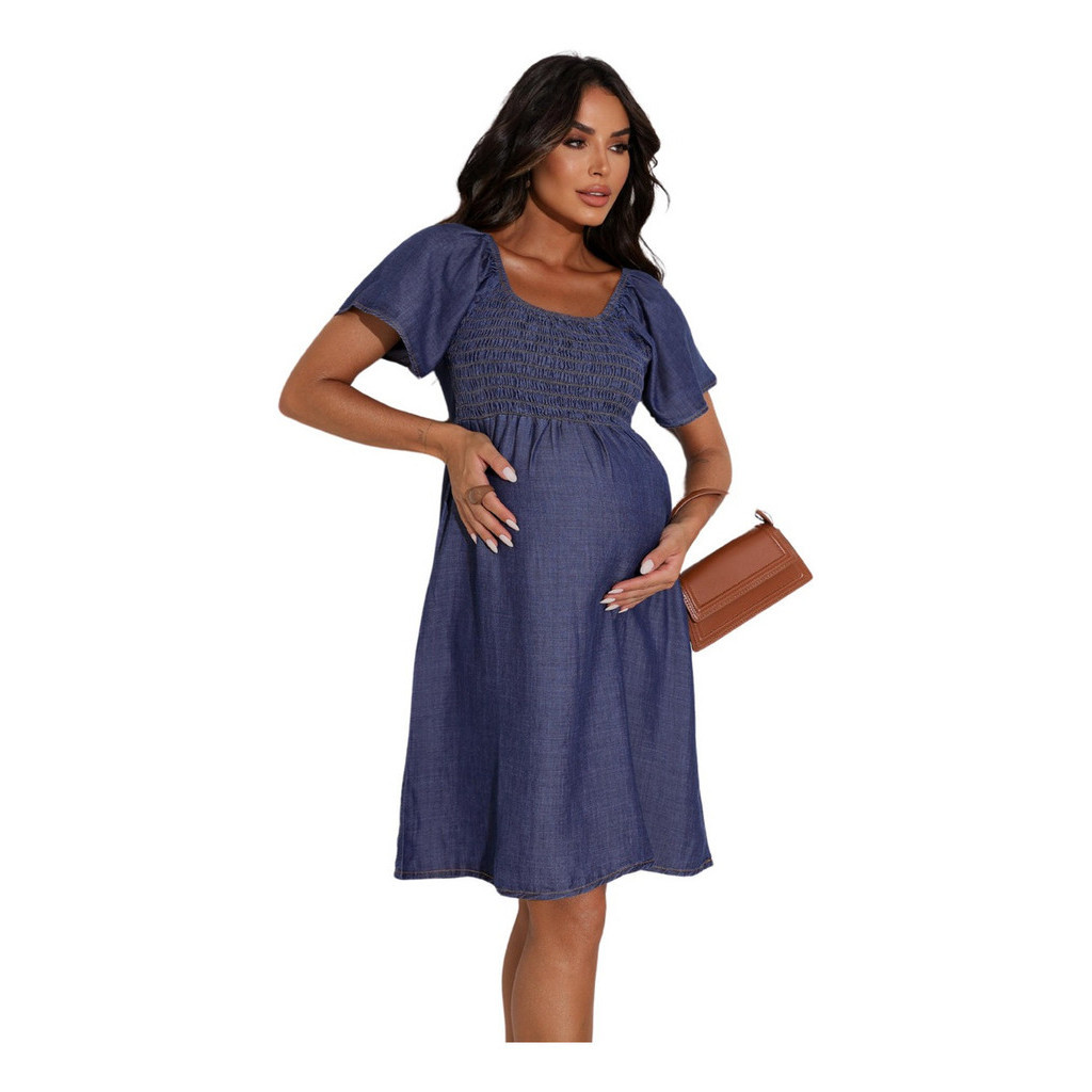 Vestido Gestante Curto Jeans Estiloso Lastex No Busto