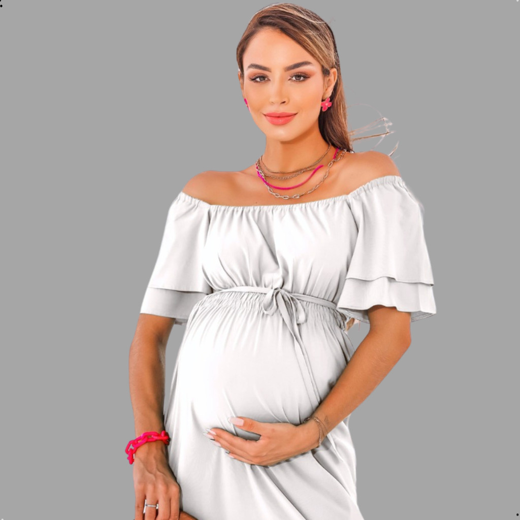 Vestido Soltinho Verão Ombro a Ombro Gestante Amamentação Pós-Parto Maternidade