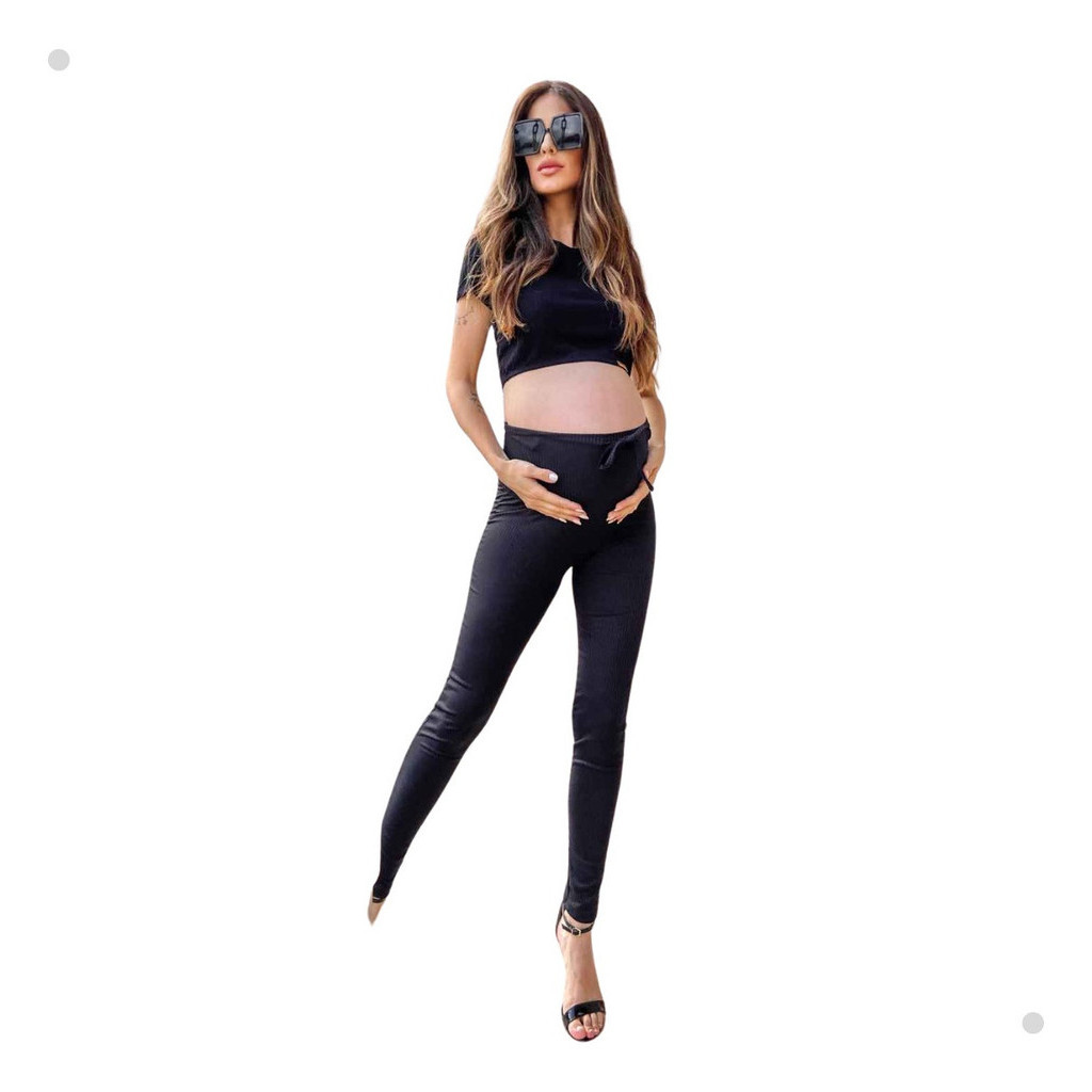 Calça Legging Canelada Gestante Cós Alto Elástico Maternidade Confortável