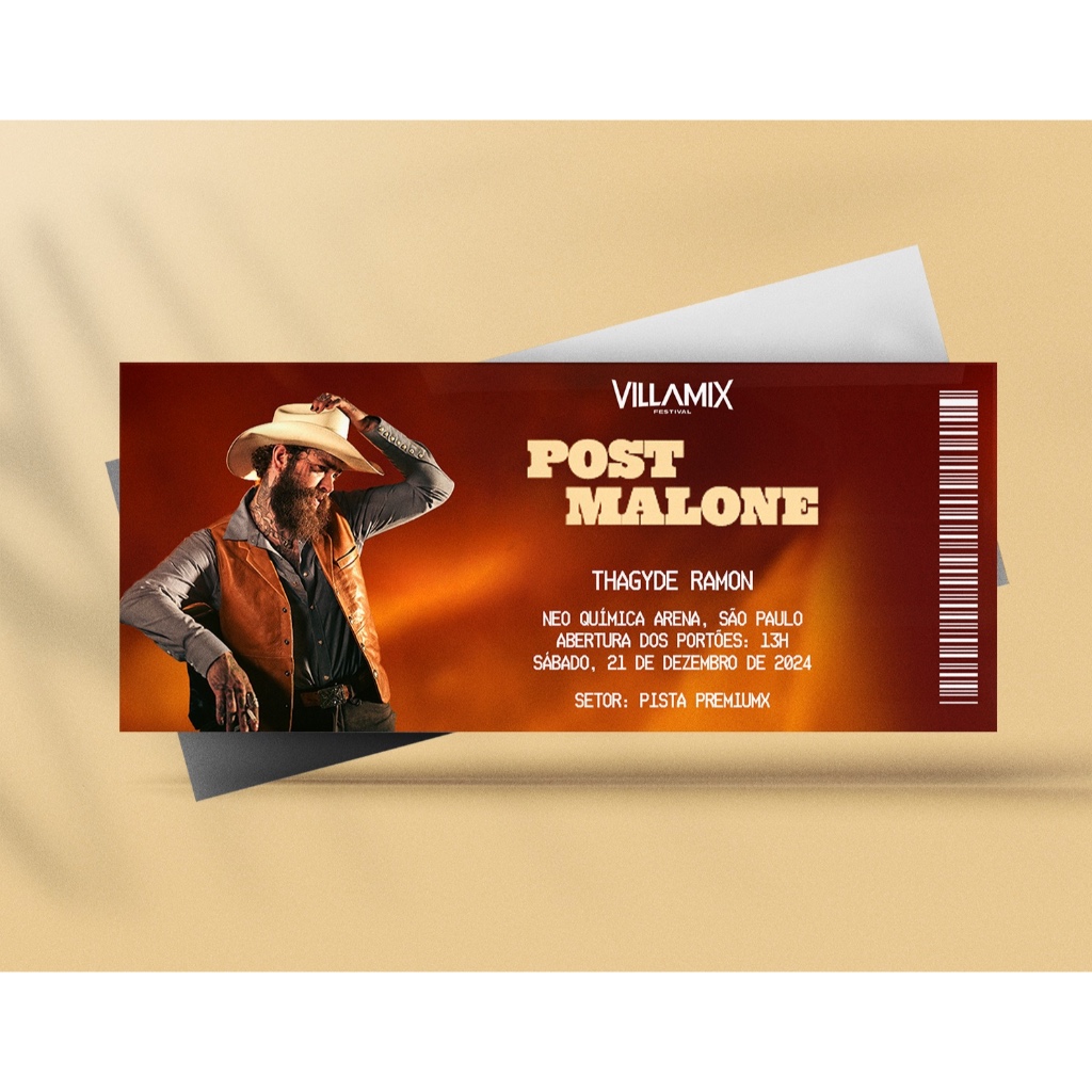 Ingresso Holográfico Personalizado Post Malone - Villa Mix Festival 2024