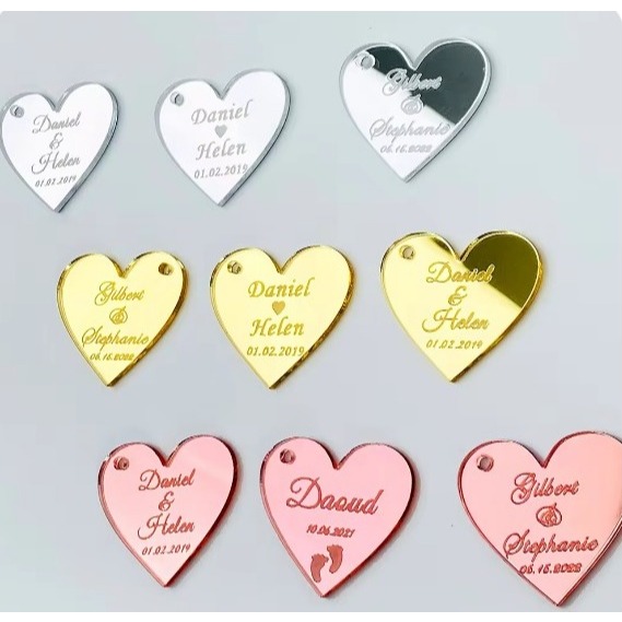 kit tag coração 2cm acrílico dourado, rose e prata espelhado FRASE PERSONALIZAVEL em Oferta na Shopee