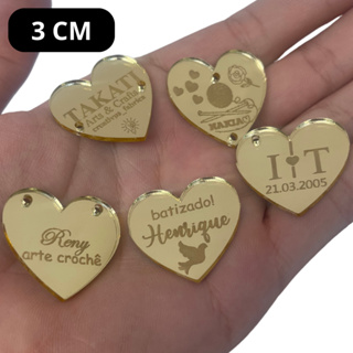 kit tags coração 3 cm acrílico dourado, rose e prata espelhado FRASE PERSONALIZAVEL em Oferta na Shopee