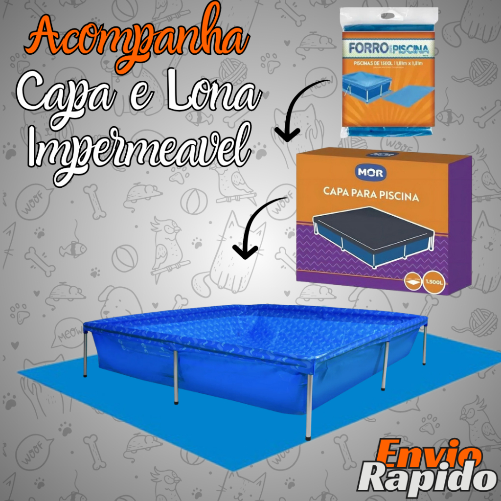 Piscina 1500 Litros com Capa e Lona Botafogo Para Jardim Quintal Churrasqueira Estrutural Retangular