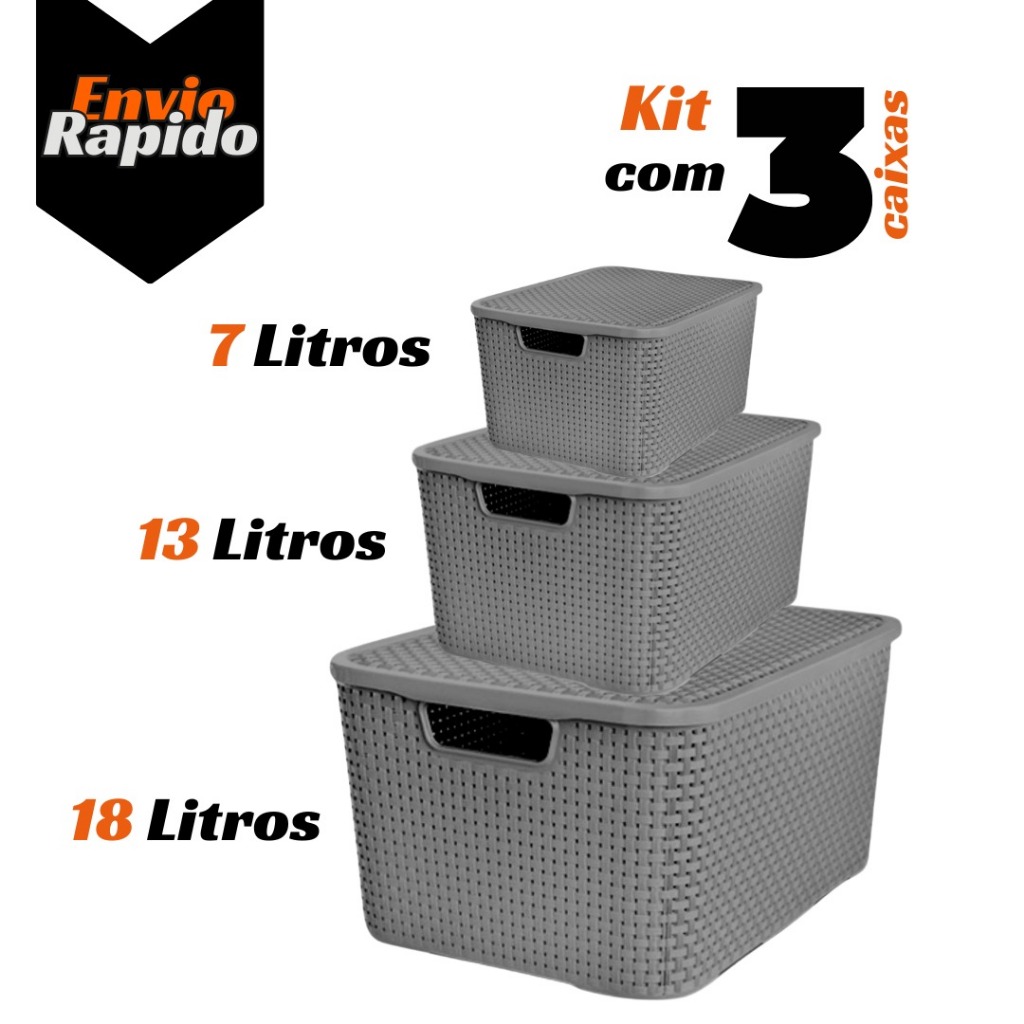 kit 3 X Caixas Organizadora Rattan 7 13 18 Litros Cesto Organizador Multiuso Plástico Empilhável Com Tampa Decoração em Oferta na Shopee