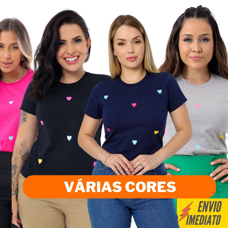 Blusa Blusinha T Shirt Camiseta Feminina De Algodão Vários Coraçõezinhos Coloridos Várias Cores em Oferta na Shopee